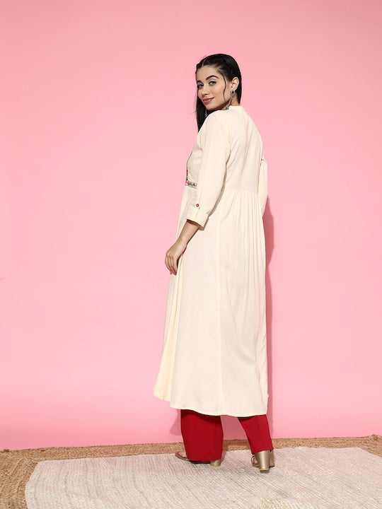 All about you Cream-Coloured & Pink Floral Embroidered Mirror Work Pure Cotton Kurta