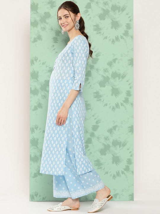 Yufta Ethnic Motifs Embroidered Thread Work Pure Cotton Kurta With Palazzos & With Dupatta