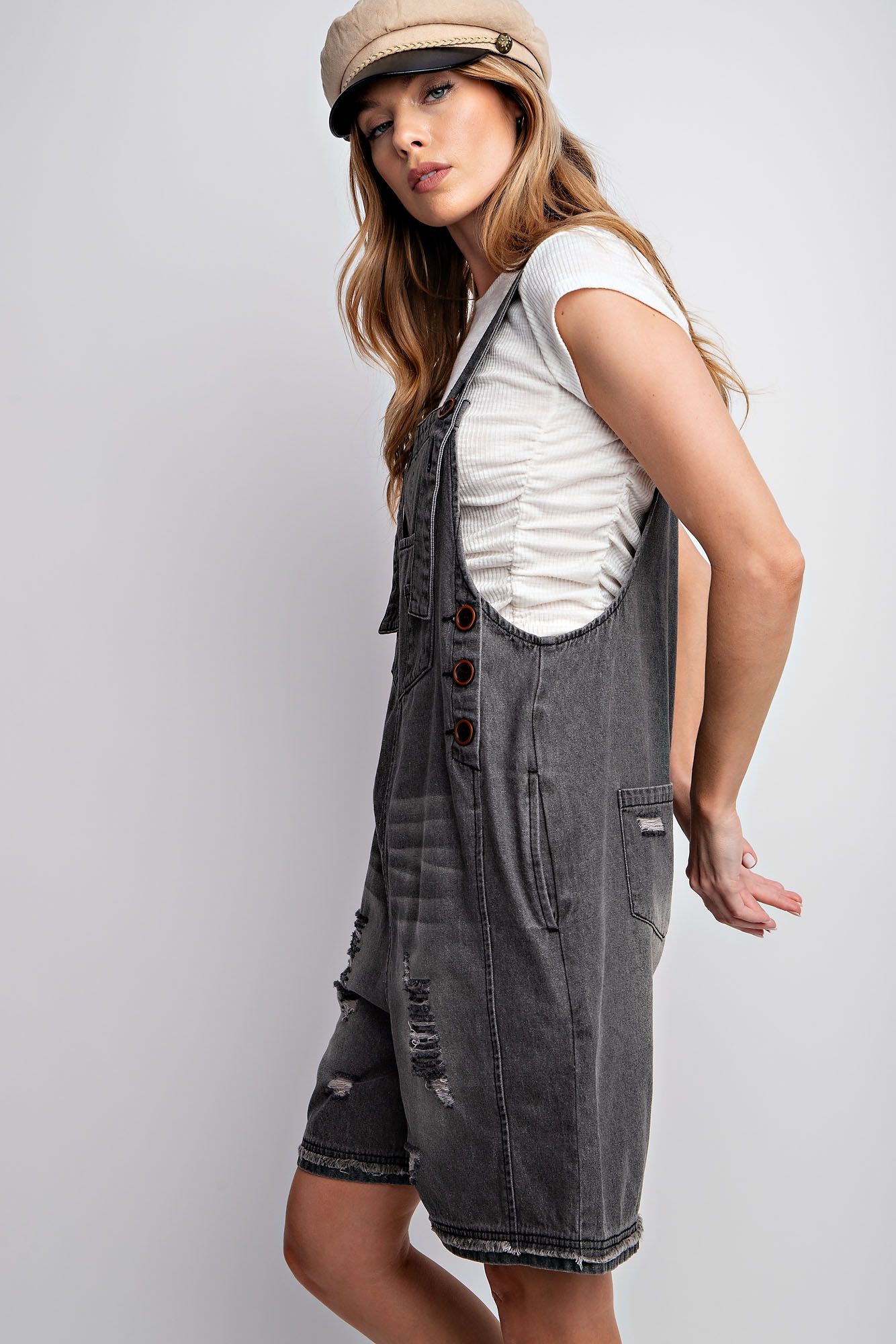 Washed Denim Short Overall Romper