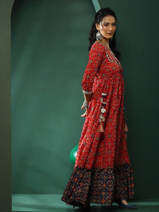 AKS Round Neck Three Quarter Sleeves Floral Print Maxi Dress
