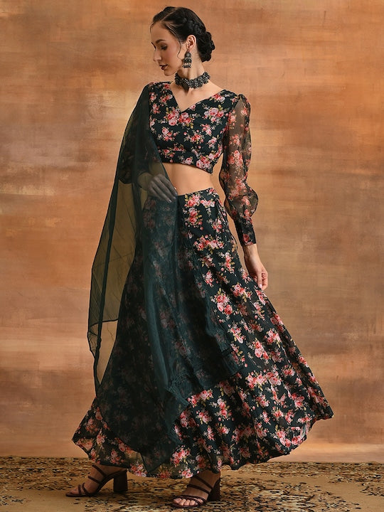 AKS Floral Printed V-Neck Ready to Wear Lehenga & Blouse With Dupatta
