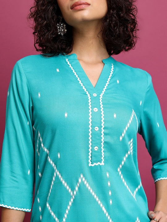 Vishudh Turquoise Blue Geometric Printed Mandarin Collar Straight Kurta