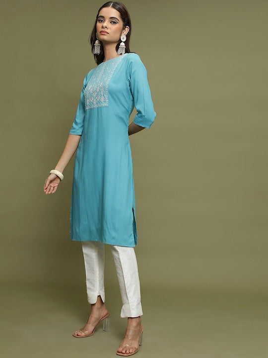 Vishudh Blue Floral Yoke Design Thread Work Straight Kurta
