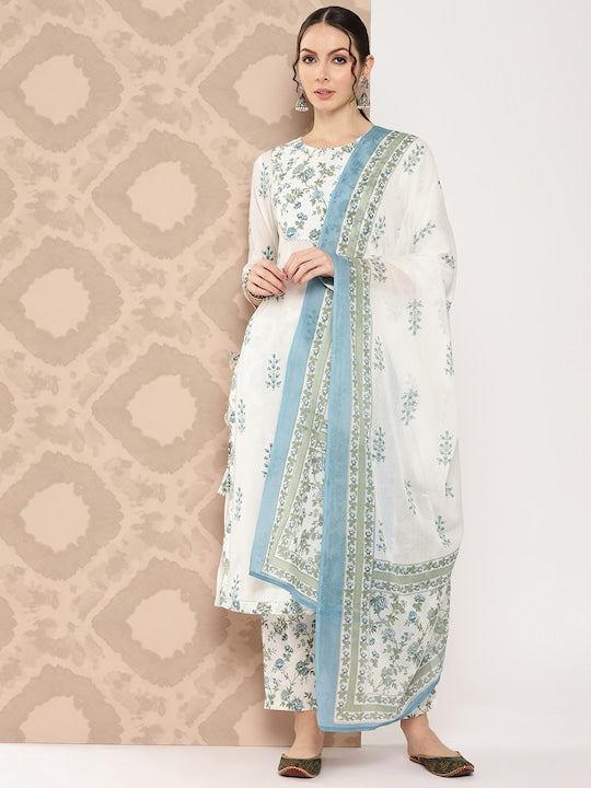 Yufta Women Floral Printed Regular Sequinned Pure Cotton Kurta with Trousers & Dupatta