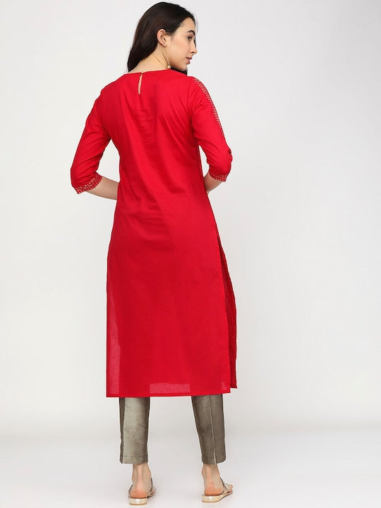 Vishudh Women Red Ethnic Motifs Printed Keyhole Neck Thread Work Kurta