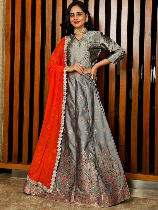 AKS Couture Woven Design Mirror Work Ready to Wear Lehenga & Blouse With Dupatta