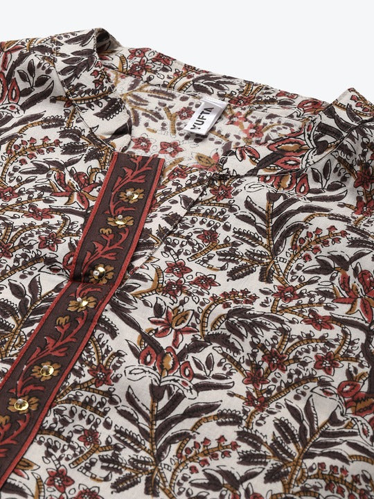 Yufta Women Brown Ethnic Motifs Printed Pure Cotton Kurta with Trousers & With Dupatta