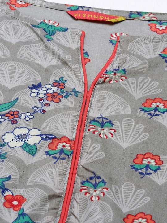 Vishudh Women Grey Printed Cotton Kurta with Trousers