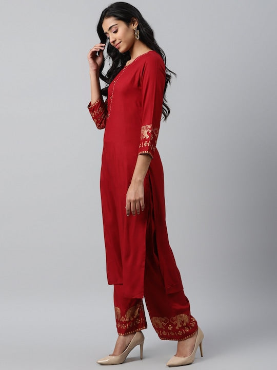 Yufta Maroon & Gold Toned Pure Cotton Kurta With Palazzos & Dupatta