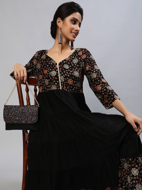 AKS Couture Floral Printed Tiered Anarkali Kurta