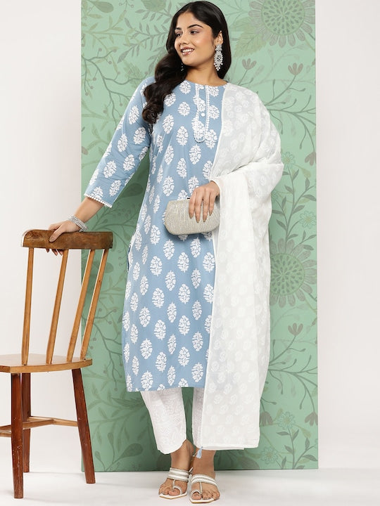 Yufta Plus Size Ethnic Motifs Printed Pure Cotton Kurta with Trousers & With Dupatta