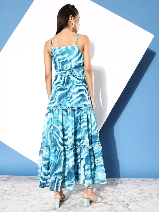 All about you Sea Blue Abstract Printed Vacay Chill Holiday Hype Tiered Maxi Dress