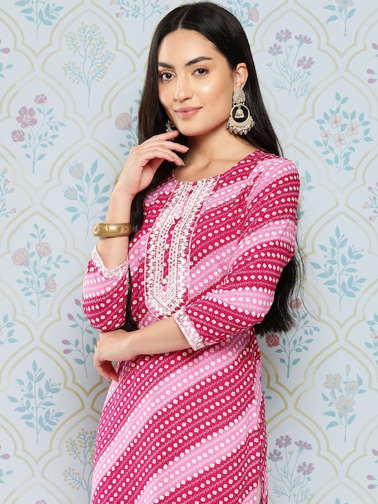 Yufta Women Geometric Printed Thread Work Kurta