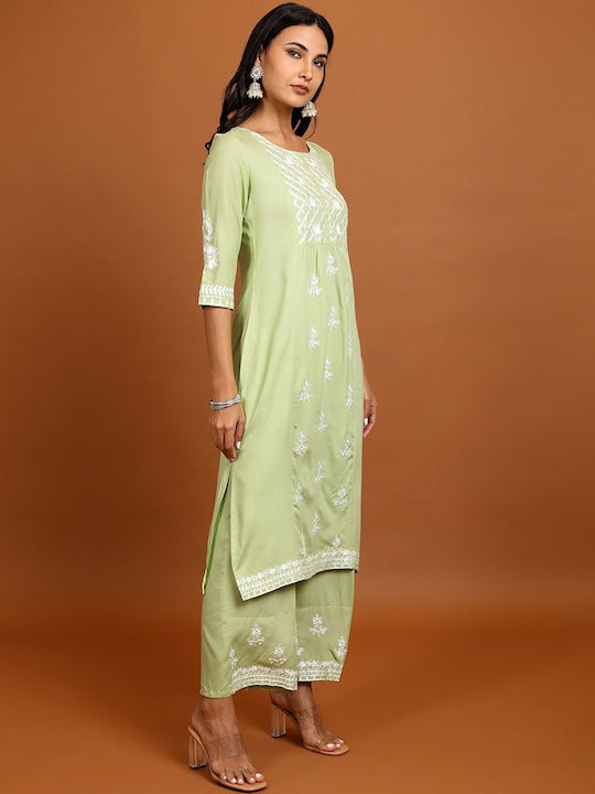 Vishudh Floral Embroidered Thread Work Straight Kurta With Palazzos