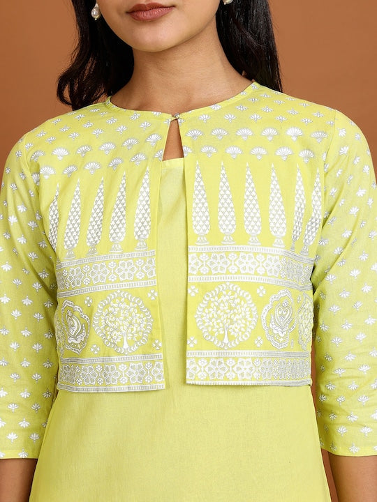 Vishudh Sleeveless Pure Cotton Kurta With Trousers & Printed Jacket