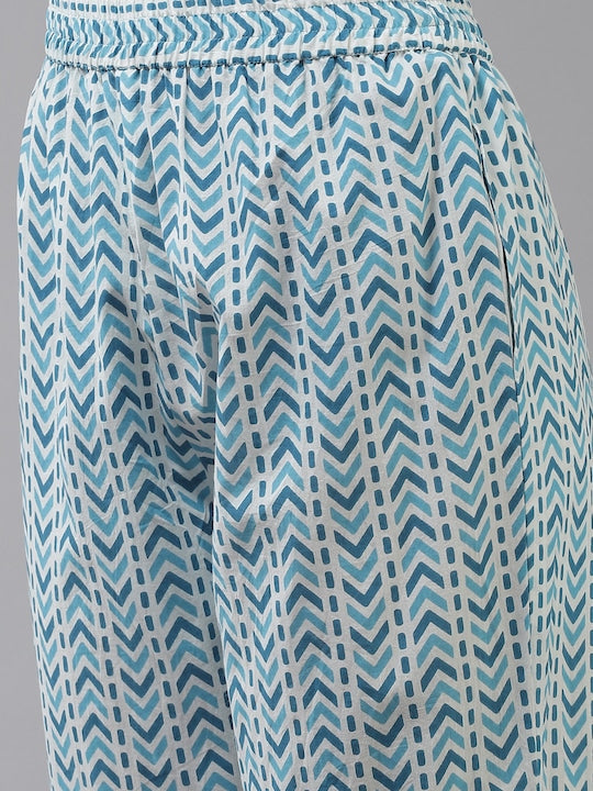 Yufta Women Blue Ethnic Motifs Printed Sequinned Pure Cotton Kurta with Trousers & Dupatta