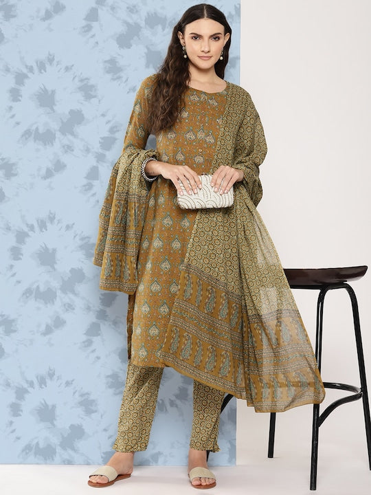 Yufta Women Ethnic Motifs Printed Pure Cotton Kurta with Trousers & Dupatta