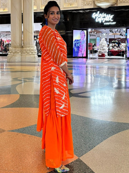 AKS Couture Leheriya Striped Regular Thread Work Kurta with Sharara & Dupatta