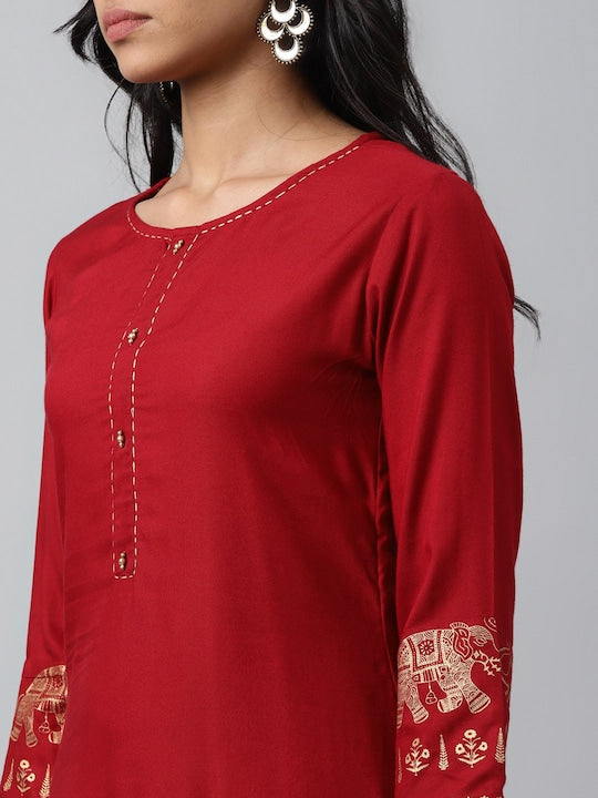 Yufta Maroon & Gold Toned Pure Cotton Kurta With Palazzos & Dupatta