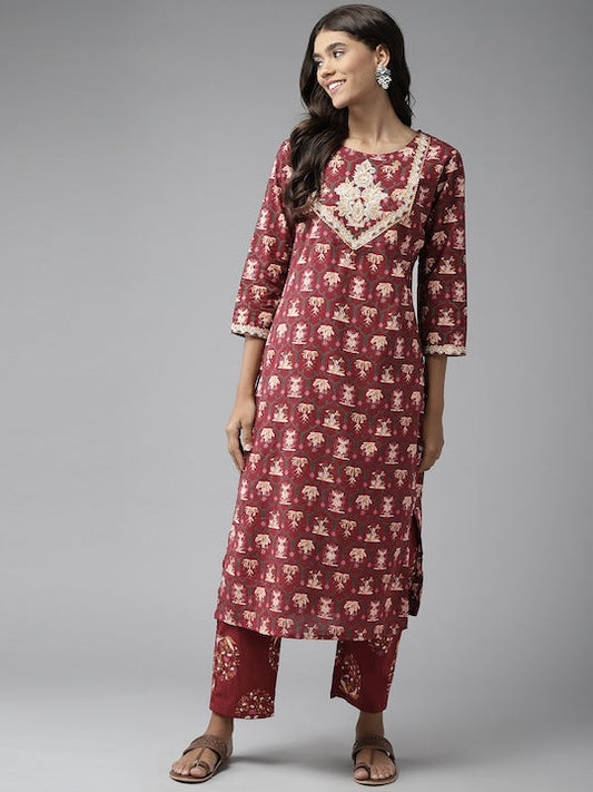 Yufta Women Maroon Ethnic Motifs Printed Pure Cotton Kurta with Trousers