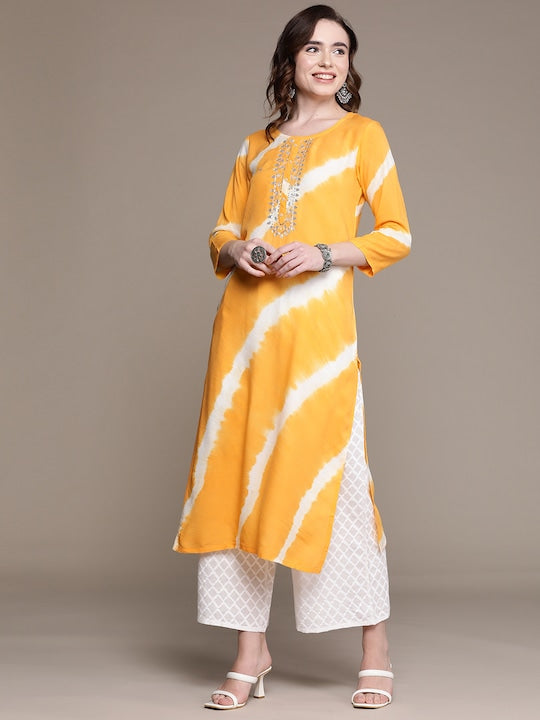 Anubhutee Women Yellow Printed Mirror Work Kurta with Palazzos