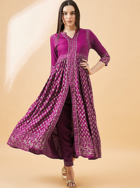 All about you Maroon Ethnic Motifs Printed Gotta Patti Regular Kurta with Trousers