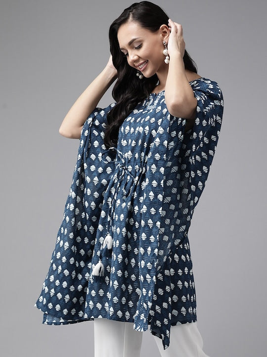 Yufta Women Navy Blue Geometric Printed Extended Sleeves Kaftan Kurta