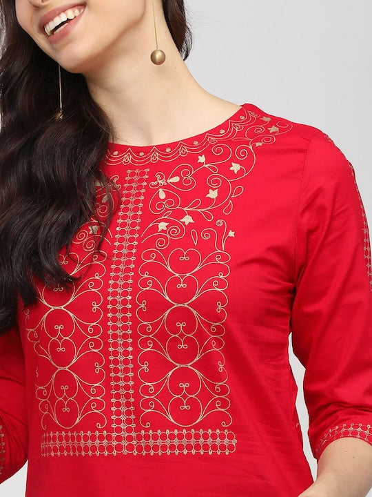 Vishudh Women Red Ethnic Motifs Printed Keyhole Neck Thread Work Kurta