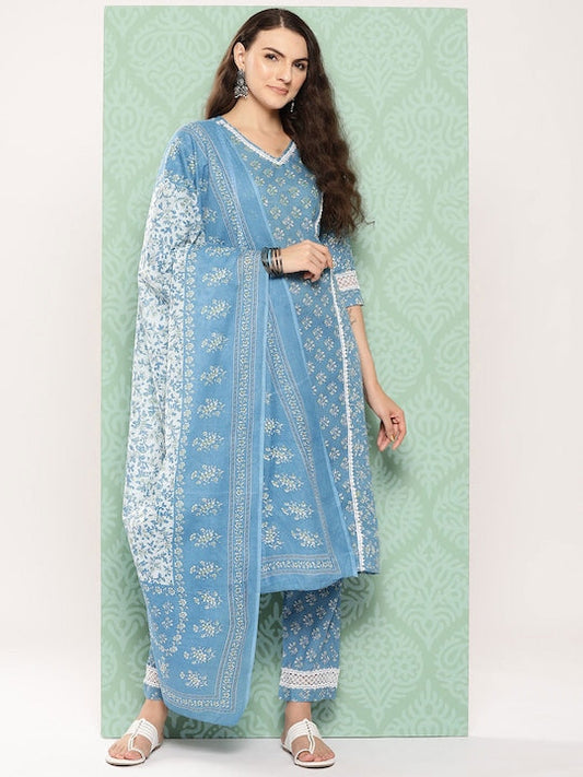 Yufta Women Floral Printed Regular Pure Cotton Kurta with Trousers & With Dupatta - XXL