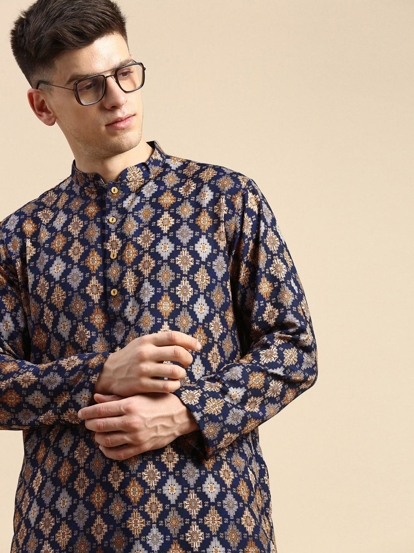 Amodh by Kisah Mens Navy Blue Kurta Churidar (Set of 2)