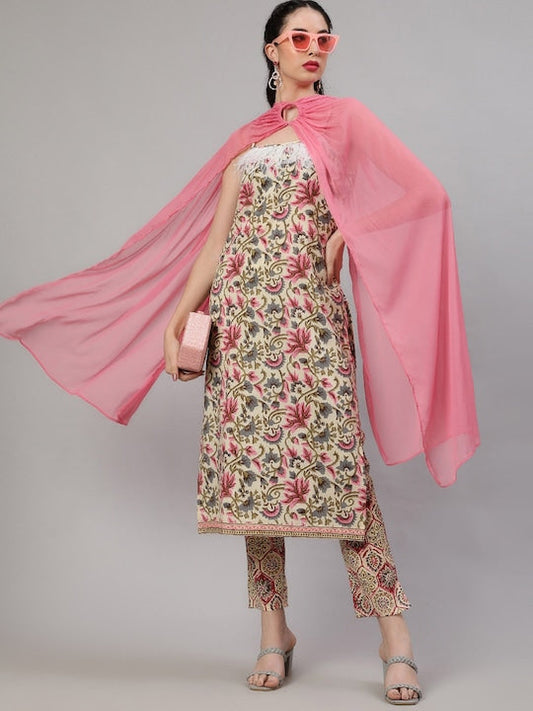 AKS Floral Printed Regular Kurta With Trousers & Dupatta