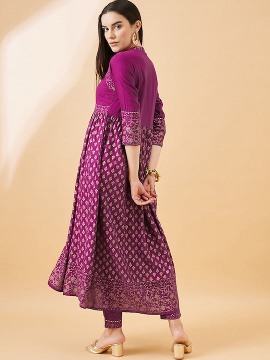 All about you Maroon Ethnic Motifs Printed Gotta Patti Regular Kurta with Trousers