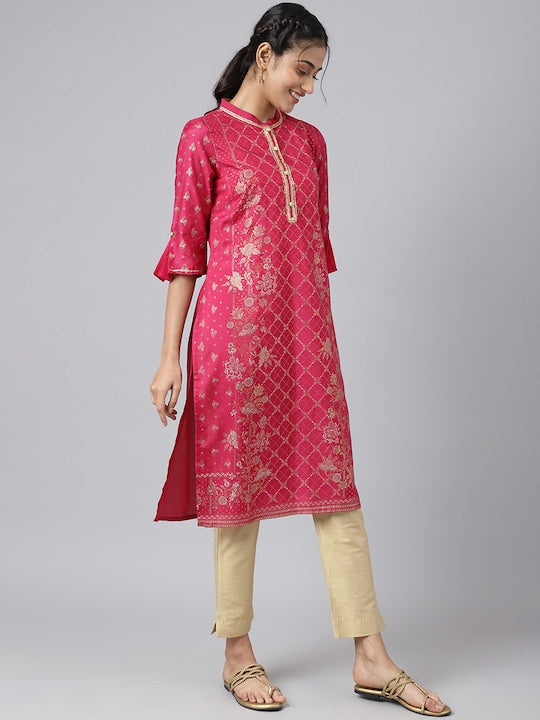 Aurelia Women Pink & Gold-Toned Ethnic Motifs Printed Kurta