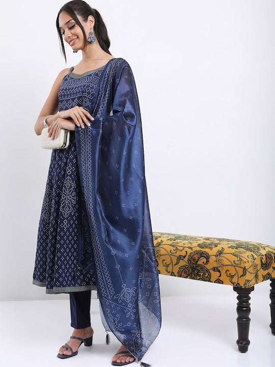 Vishudh Blue Bandhani Printed Kurta with Trousers & With Dupatta