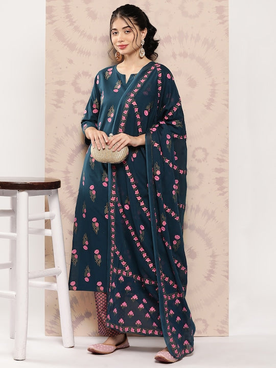 Yufta Women Floral Printed Regular Pure Cotton Kurta with Trousers & With Dupatta