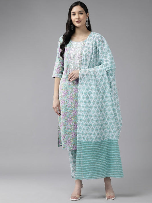 Yufta Women Floral Embroidered Sequinned Pure Cotton Kurta with Trousers & With Dupatta