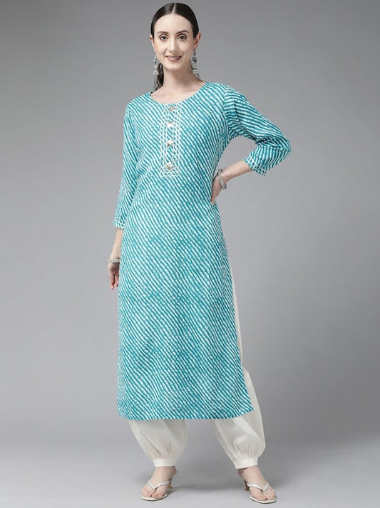 Yufta Women Turquoise Blue Leheriya Striped Gotta Patti Kurta - M