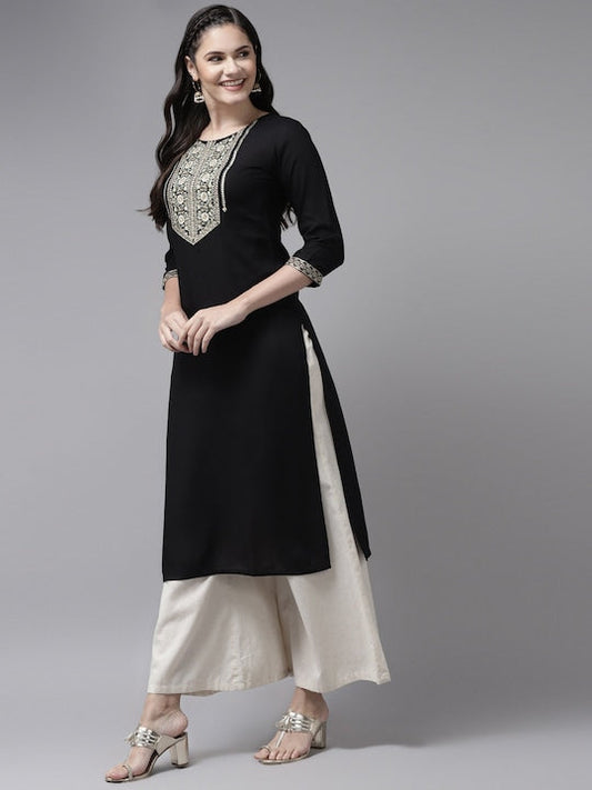 Yufta Women Black Ethnic Motifs Yoke Design Kurta