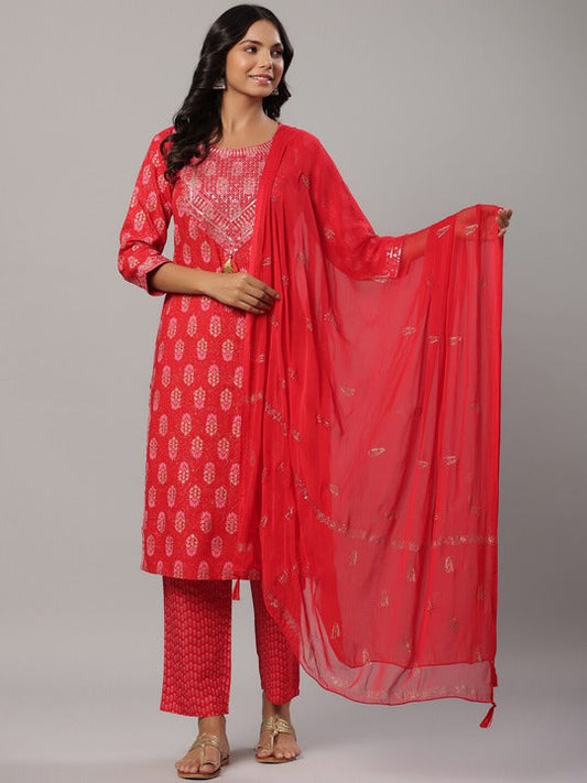 Yufta Women Red Ethnic Motifs Printed Sequinned Kurta with Trousers & Dupatta
