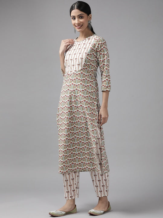 Yufta Women White Printed Pure Cotton Kurta with Trousers & With Dupatta