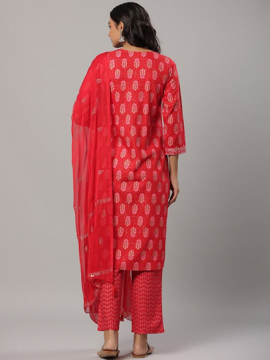 Yufta Women Red Ethnic Motifs Printed Sequinned Kurta with Trousers & Dupatta