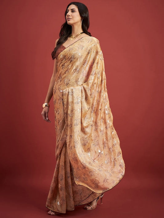 All about you Floral Printed Sequinned Embroidered Brasso Saree