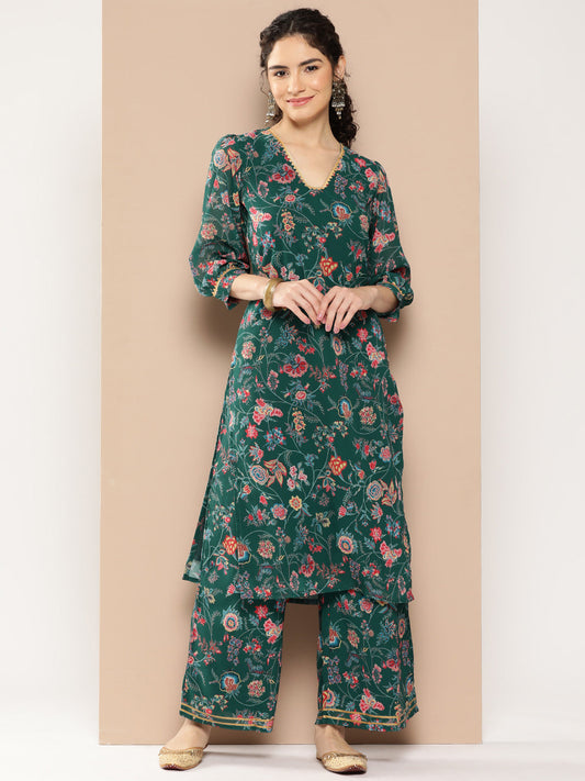 Ahalyaa Women Floral Printed Regular Gotta Patti Kurta with Palazzos