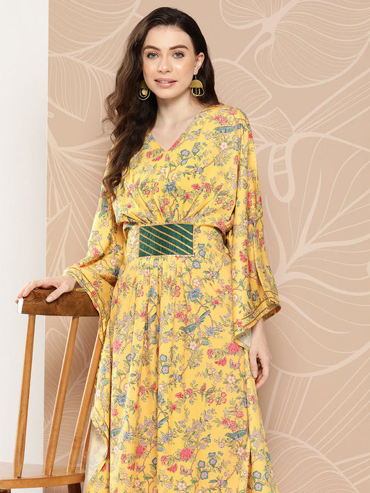 Ahalyaa Women Floral Printed Flared Sleeves Gotta Patti Floral Crepe Kaftan Kurta
