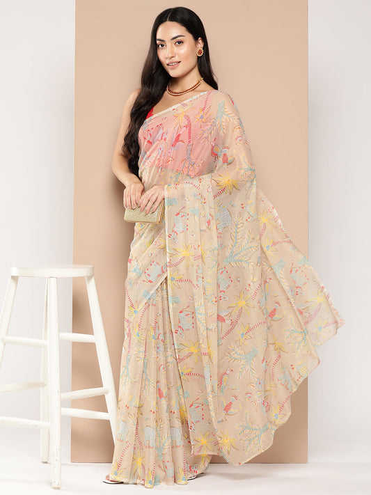Ahalyaa Floral Printed Poly Chiffon Saree