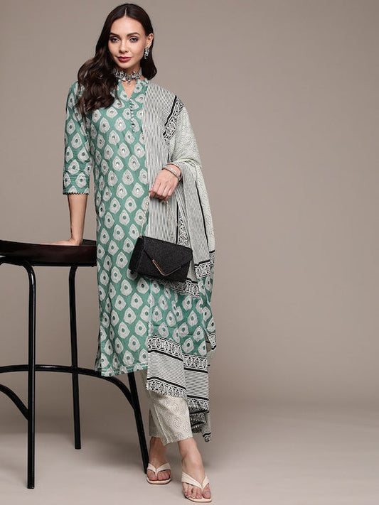Anubhutee Women Green Printed Pure Cotton Kurta with Trousers & With Dupatta