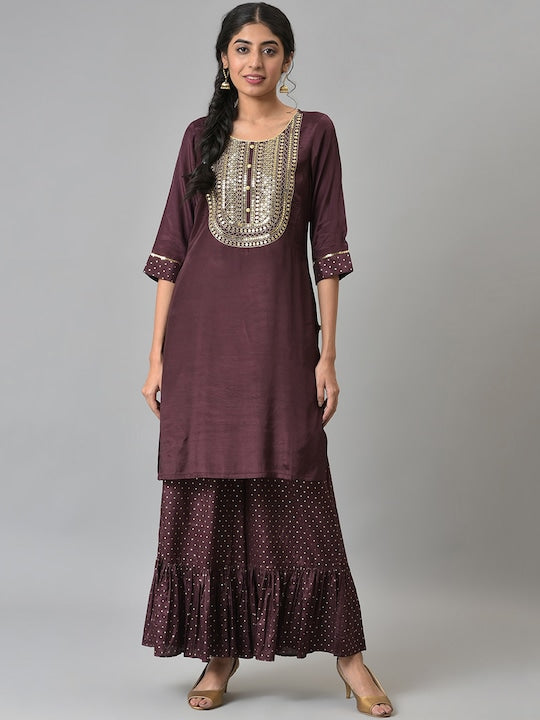 Aurelia Aurelia Women Brown Shantung Liva Kurta with Gathered Sharara