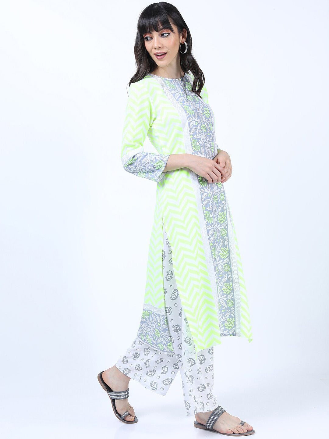 Vishudh Grey Floral Yoke Design Empire Kurta with Trousers & With Dupatta