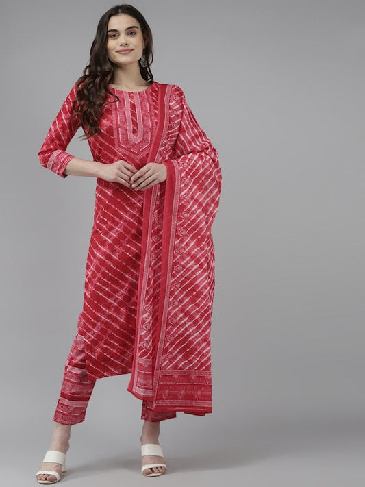Yufta Women Red Pure Cotton Leheriya Printed Kurta with Palazzos & Dupatta