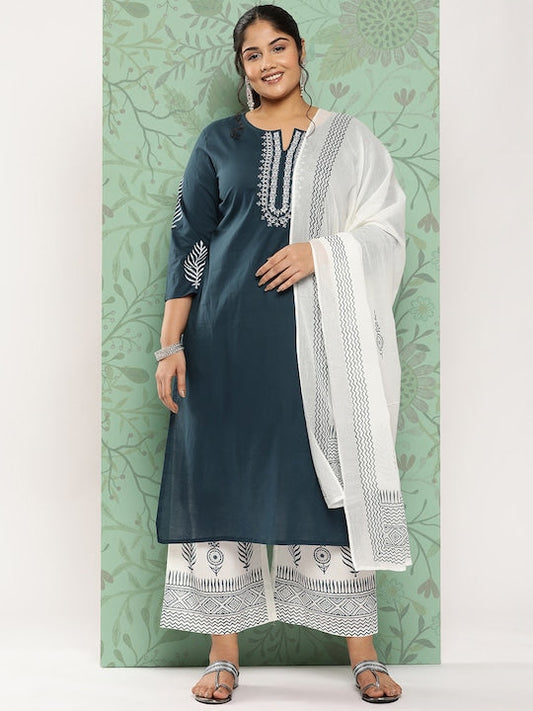 Yufta Plus Size Ethnic Motifs Embroidered Pure Cotton Kurta with Palazzos & With Dupatta